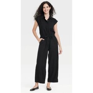 Black Collared Woven Jumpsuit Women Sz 10 Nwt